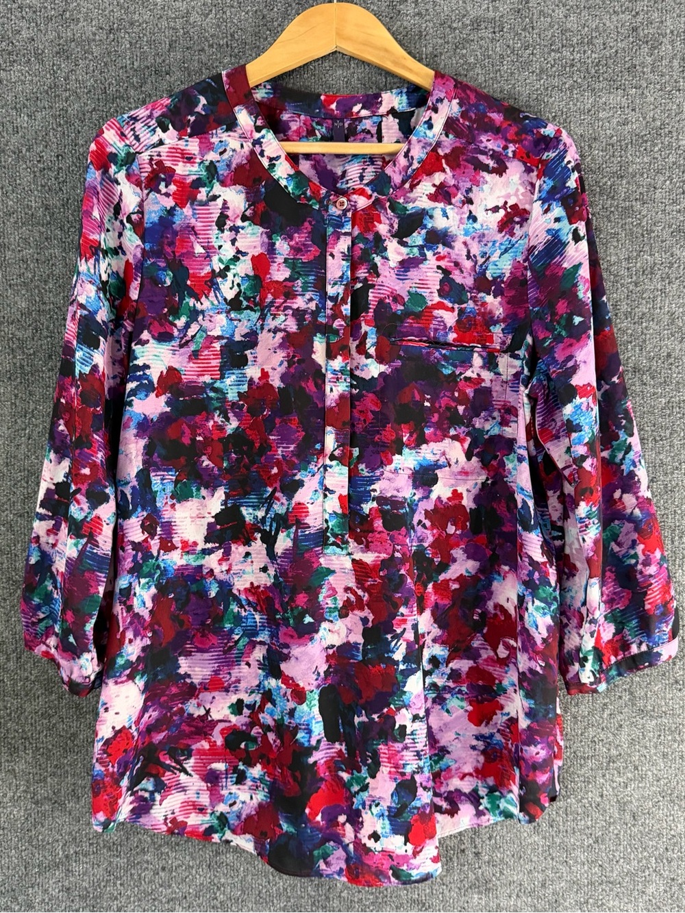 NYDJ Womens 3/4 Sleeve Top Size Large Burgundy Pink 1/4 Button Office Career